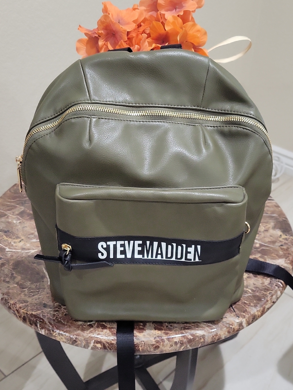 Steve Madden Olive Green Logo Front Pocket Backpack